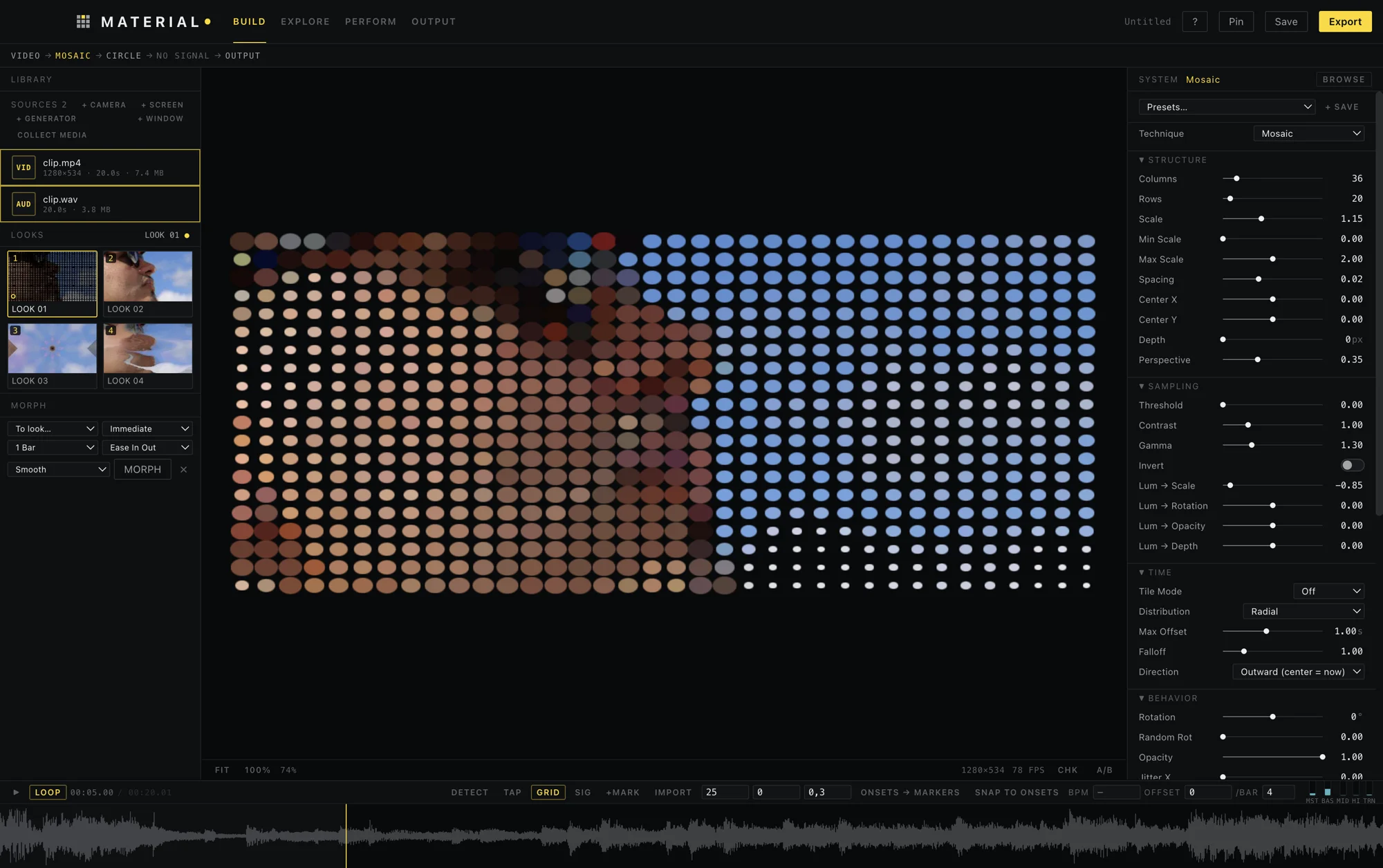 A mosaic of coloured circles rebuilds the video; the Looks panel on the left and the Mosaic parameters on the right