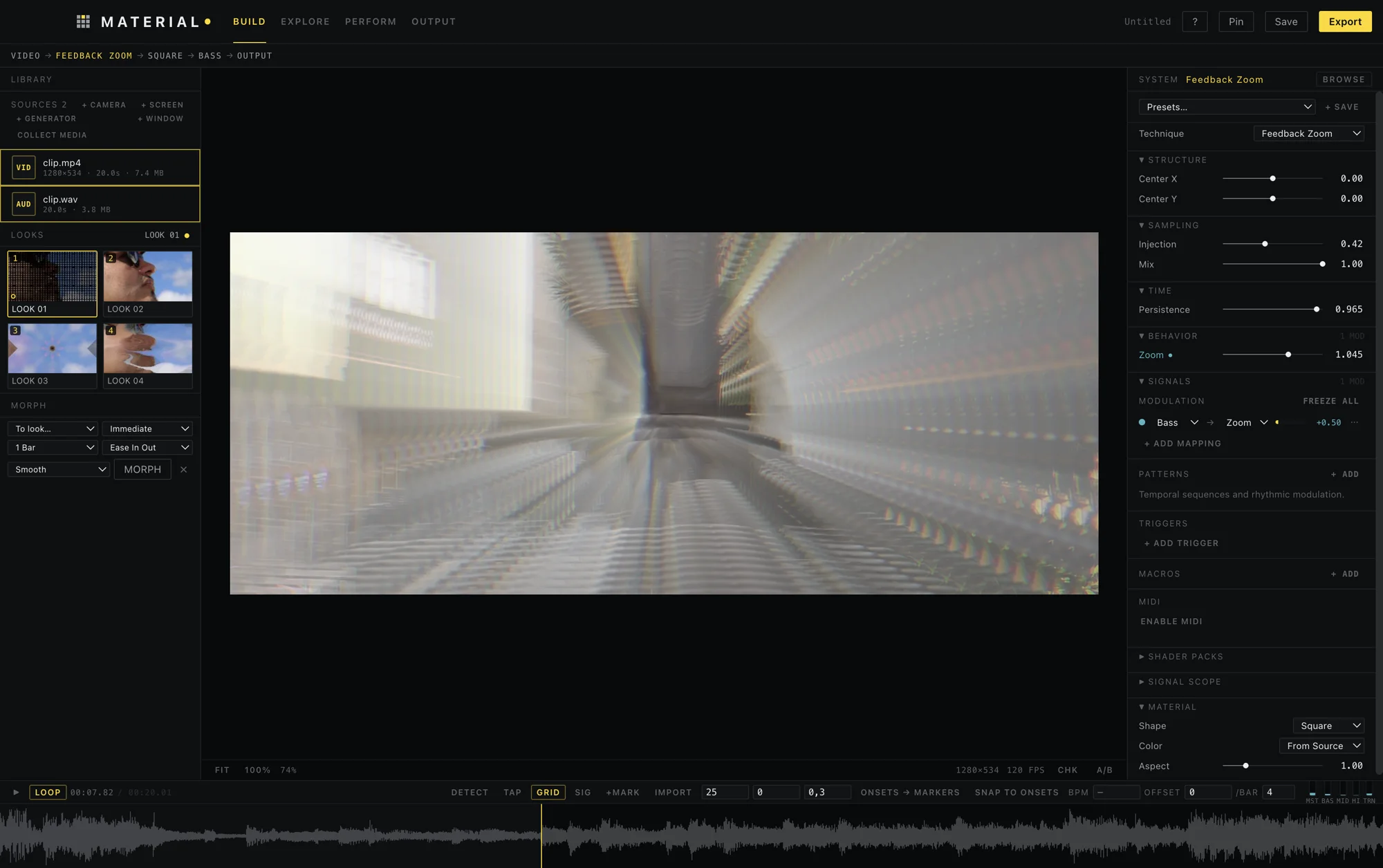 Feedback Zoom pulling a street into a tunnel, with the Signals panel showing the bass mapped to Zoom