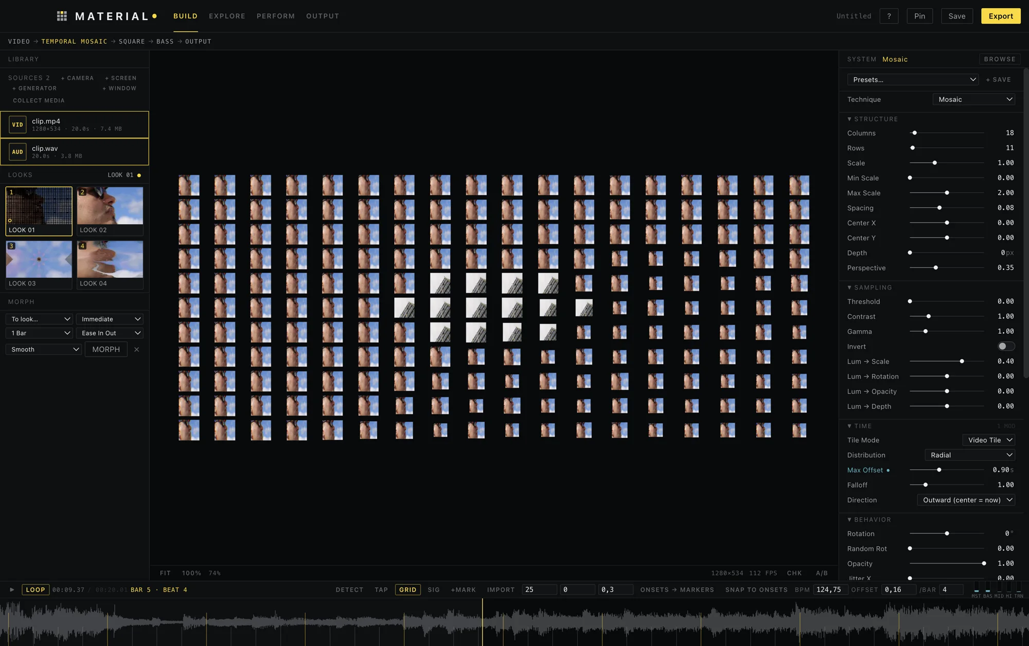 A grid of small video tiles, each showing a different moment of the clip, with the detected beat grid on the timeline below