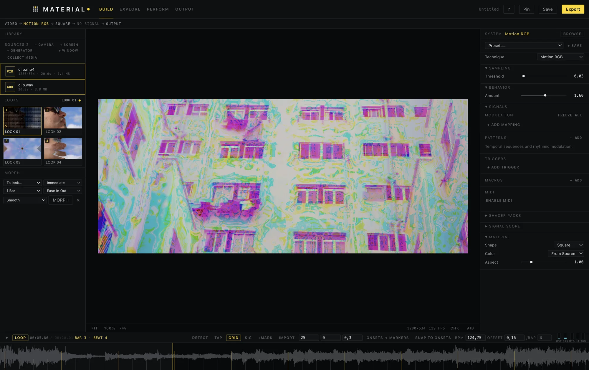 A building turned into bright magenta, cyan and yellow contours by the Motion RGB technique