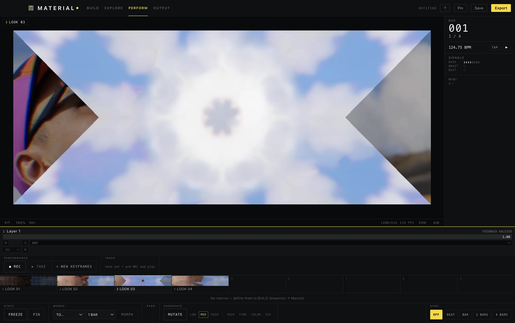 The Perform workspace: a kaleidoscope of clouds fills the window, with four pinned Looks, morph and sync controls underneath